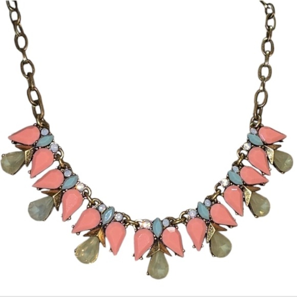 J. Crew Coral Mint Pastel Teardrop Statement Bib‎ Necklace Antique Gold Tone